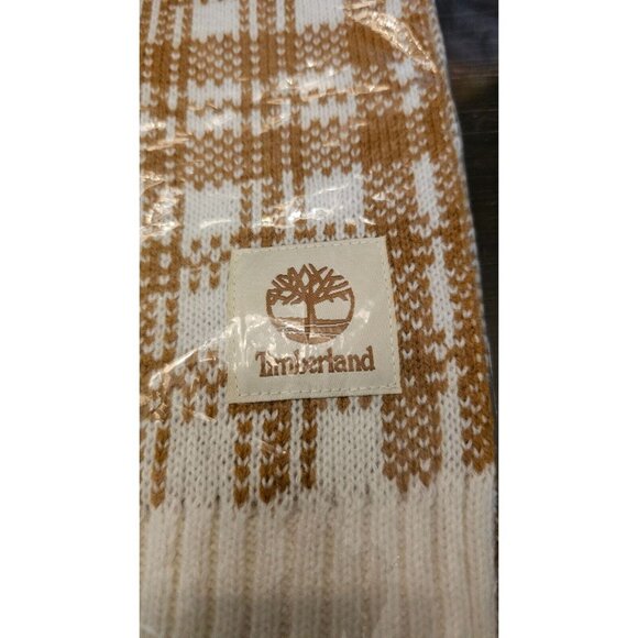NWT Timberland Scarf OS Warm & Stylish Accessory Cream & Butterscotch Plaid Knit - Picture 7 of 8
